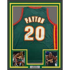 Framed Autographed/Signed Gary Payton 35x39 Seattle Green Jersey BAS COA picture