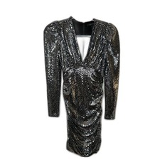BCBG Silver Sequin Bodycon Cocktail Dress Puff Sleeve Mini Size XS New picture