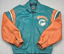 Vintage Miami Dolphins Jacket Large 100% Leather Mirage 90s 22.5 x 27 Bomber picture