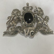 Vintage Royal Coat of Arms of Queen Victoria, Sterling, Onyx, Marcasite Brooch picture