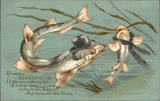 Fish with Top Hat Poetry Fantasy c1900s-10s Vintage Postcard bhn picture