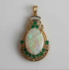 3Ct Oval Cut Fire Opal Emerald & Diamond Vintage Pendant 14K Yellow Gold Plated picture
