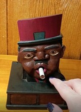 Vintage Folk Art Man Cigarette Mechanical Wood Dispenser Used - Ear Missing picture