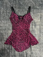 Womens Pink Leopard Print Tank Top Y2K Cami Ruffle Babydoll Lace Trim S-L picture