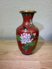 Vintage Chinese Cloisonné Vase Red Floral Enamel Brass 7” picture