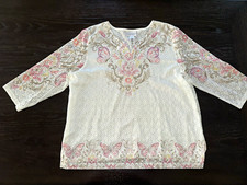 Alfred Dunner Women’s XL Butterfly Floral Lace Top 3/4 Sleeve Embellished White picture