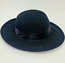 Vtg 1960s Black Wool Felt Cloche Bowler Hat Satin Ribbon Wide Upturned Brim FREE picture