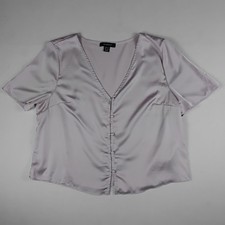 Primark Womens Satin V-Neck Blouse Short Sleeve Button Front Top Silver Lilac 12 picture