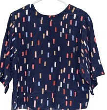 Boden Confetti Print Top Blue Zip Back Chiffon Blouse Women’s Sz 4 Boxy Career picture