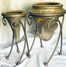 VINTAGE MODERN ARTMAX HANDPAINTED METALLIC SILVER & GOLD GEOMETRIC PAIR OF VASES picture