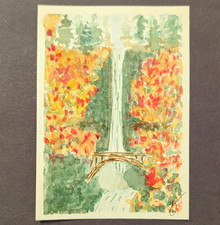 Original Signed Watercolor Landscape Painting Waterfall Bridge, Unframed picture