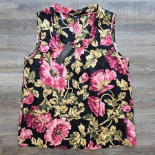 Talbots Vintage Silk Cotton Floral Sleeveless Drape Neck Blouse Pink Black 6P picture