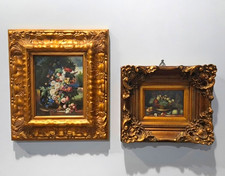 Pair Vintage Still Life Oil Paintings Ornate Gold Baroque Frame Set Floral Fruit picture