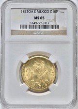 Mexico 1872 Oa-e Gold 10 Pesos Oaxaca Mint NGC MS65 Mintage of 5897 Pcs Finest picture