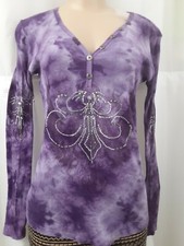 MONORENO Long-Sleeve V Neck Tie Dye Tunic Top Diamonds Embellished 100% Cotton S picture