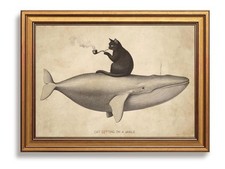 Funny Cat Wall Art - Vintage Gold Framed Black Cat Whale Canvas Print, Retro Ecl picture
