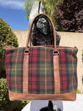 Vintage LL Bean Large Red Tartan Plaid Wool & Leather Carryall Boat Tote Bag picture