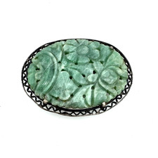 Vintage or Antique Carved Jade Jadeite Brooch Sterling Silver Chinese Export picture