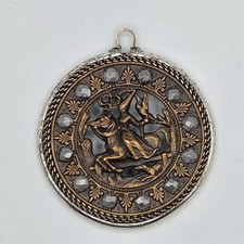 Antique Victorian Brass Picture Button Pendant Huntress Falcon Goddess Horse Dog picture
