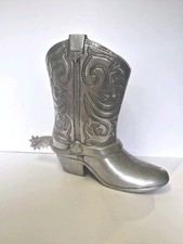 TOWLE Large Cast Metal Western Boot Vase Planter Silver with Spur Vintage picture