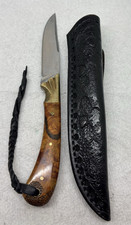 JON J WILSON CUSTOM MADE FIXED BLADE HUNTING KNIFE, BURL WOOD HANDLE, W/SHEATH picture