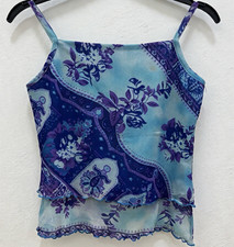 Vintage Y2K Sheer Layered Cami Tank Top Blue Purple Floral Paisley Print -S/M picture