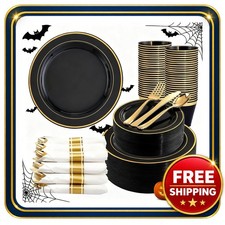 Plastic Plates Set 350 Pieces Black and Gold with Silverware for Parties picture