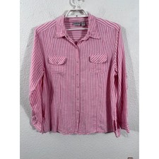 Chico's Button Down Women 3 Pink White Striped Linen Snap Front Long Sleeve picture