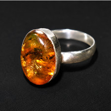 Genuine Orange Mosquito Dominican Amber 925 Sterling Silver Clear Oval Ring US#9 picture