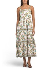 NWT LEA Boho Blue Pink Cream Floral Tirered Sleeveless Midi Dress SIZE Large picture