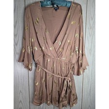 Torrid Size 1 Bronze & Gold Metallic Feather Boho Faux Wrap Tie Waist Blouse Top picture