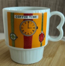 Vtg Unique Retro 70s Ceramic Stacking Coffee Mug Wristwatch Graphic Coffee Time picture
