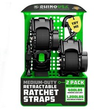 Rhino USA 1in x 10ft Black Retractable Ratchet Straps, 2 Pack – 1209lbs Break St picture