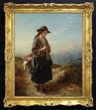 Hand Painted Girl Knitting On Hillside Oil Painting Classical Portrait Art Decor picture