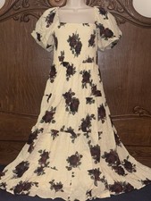 francesca's Ivory Burgundy Floral Square Neck Puff Sleeve Smocked Maxi Dress S picture