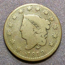 1819 Coronet Head Large Cent Copper Business Strike Philadelphia Small Date BN picture