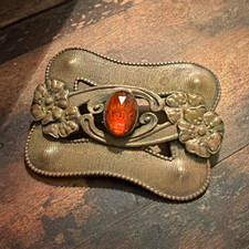 Antique Art Nouveau Brass Floral Amber Glass Sash Pin Brooch picture