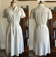 Vintage 1930s 1940s WWII White Cotton Puff Sleeve Zip Uniform/Workwear Day Dress picture