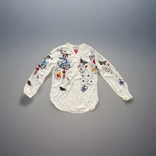 Desigual Lola Graphic Print Henley Blouse White Hearts Doodles Women's XL picture