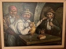 Original Oil Painting. Spanish Artist Ignacio Beller. Men Gathering In Tavern. picture