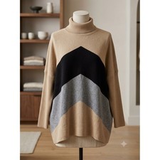 Joseph A Chevron Colorblock Turtleneck Poncho Sweater Tan Black Grey J2F338910C3 picture