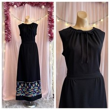 Vintage 60s 70s Maxi Dress Black Sleeveless Embroidered Hostess Mod Boho M/L picture