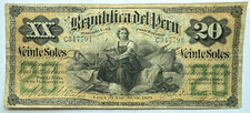 PERU - OLD 20 SOLES P7A 30 JUN 1879 VF USED AT THE PACIFIC WAR VRS CHILE picture