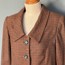 Vintage 1960s Custom Wool Blend Houndstooth Skirt Suit | Size Med | Orange Green picture