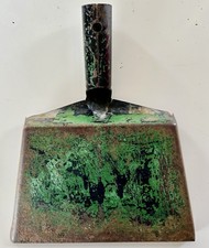 Cute Antique 1800's Era Handcrafted Iron Dirt Pan Primitive Worn Green Paint picture