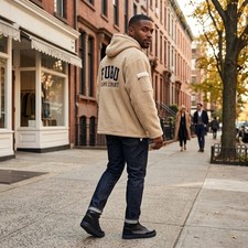 Vintage FUBU Jeans Company Sherpa Fleece Jacket Men's XL Tan Y2K Hip Hop picture