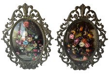 Vtg Ornate Oval Metal Frame Lot Floral Art Print Convex Bubble Glass MCM Italian picture
