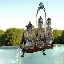 Antique Victorian Silverplate 3pc Cruet Set Painted Glass Berries Wood Stand picture