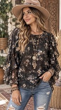 Easel Sheer Floral Top With Dramatic Ruffled Sleeves And A Feminine Design, M picture