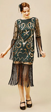 BABEYOND Green/Gold Sequin Fringe Beaded Round Neck Midi Flapper Dress Size S picture